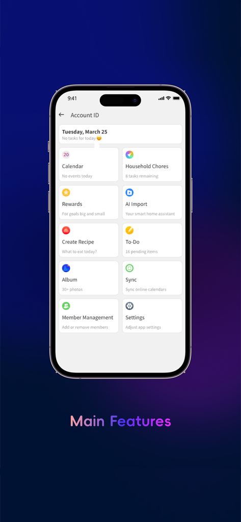 AiMOR app main features screen displaying household management tools