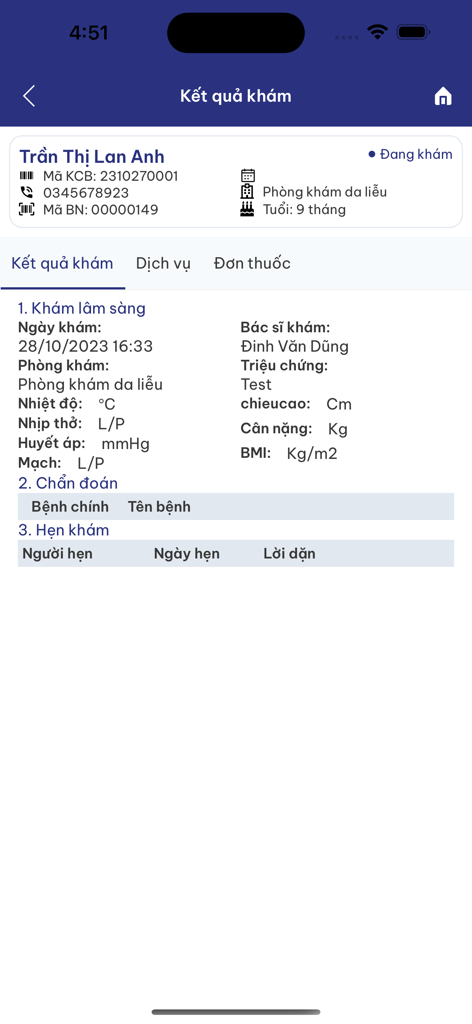 tClinic - Medical examination results and patient history view on the tClinic app