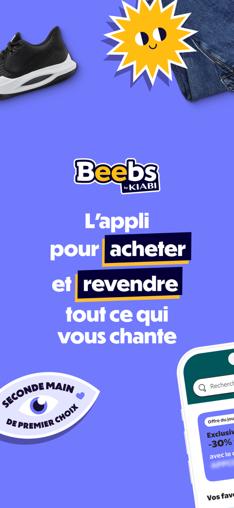 Beebs by Kiabi app interface for buying and selling second hand clothing and toys