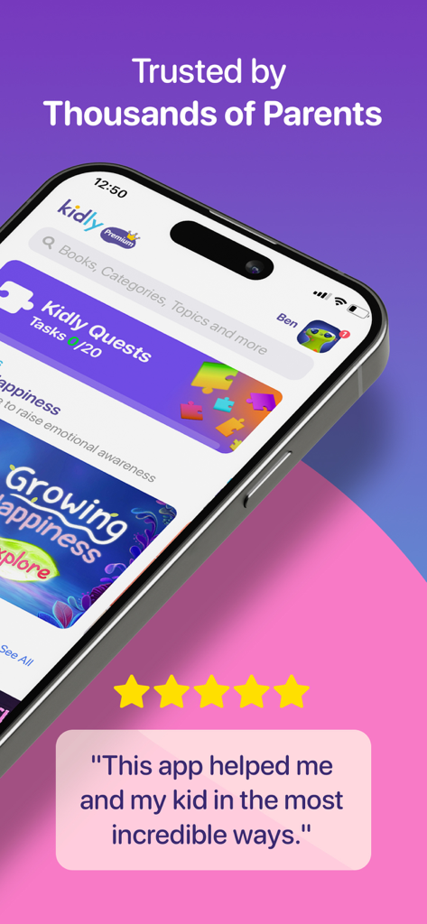Kidly: Bedtime Books for Kids - Kidly app interface showing a five star parent review and the text Trusted by Thousands of Parents.