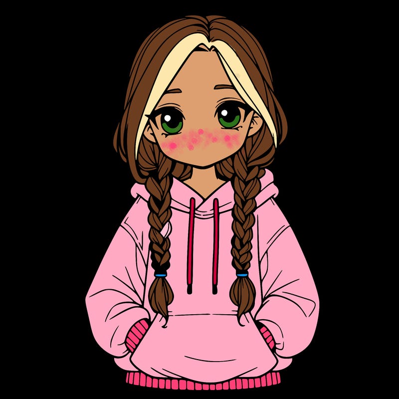 a realistic girl with a oversized hoodie and she has braids