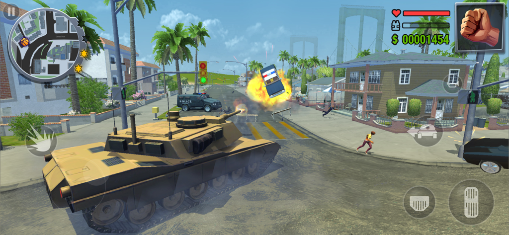Gangs Town Story: Grand Crime - Gameplay of a tank causing an explosion on a city street in Gangs Town Story