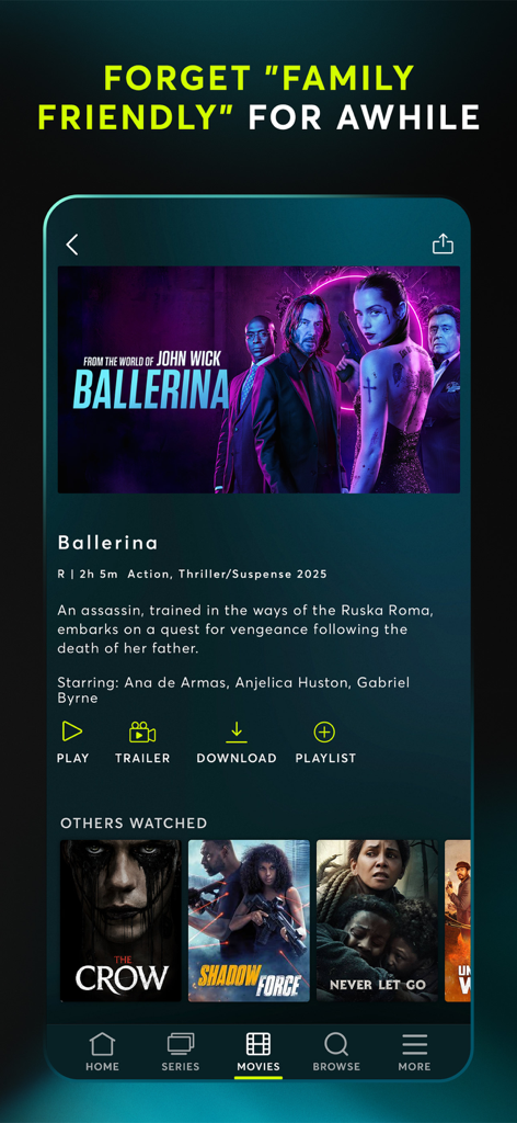 STARZ - STARZ mobile app interface displaying the movie detail page for Ballerina with play and download options.