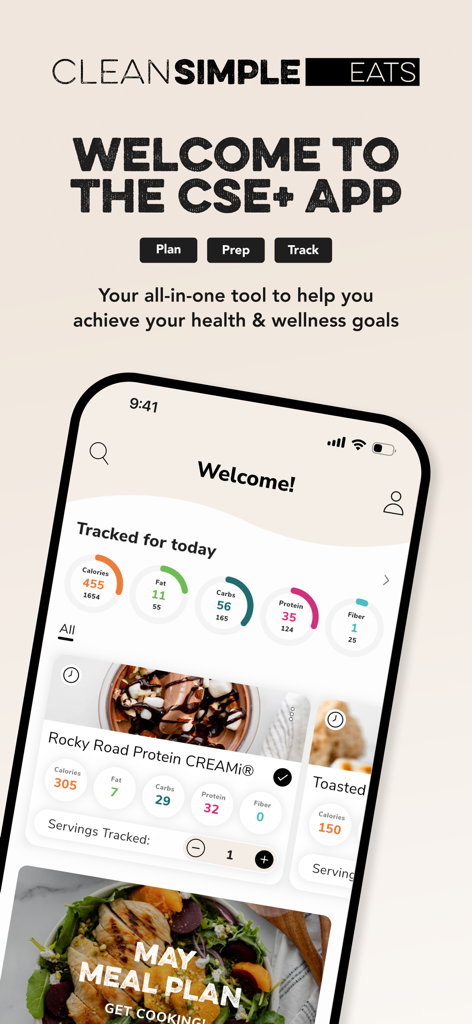Clean Simple Eats + - Painel do aplicativo Clean Simple Eats mostrando rastreamento de macros e planejamento de refeições