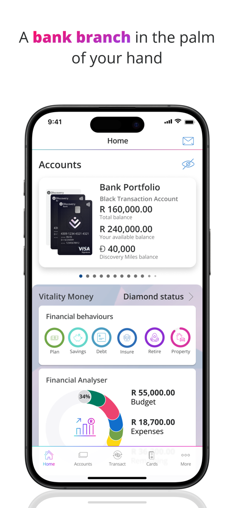 Discovery Bank - Discovery Bank dashboard displaying account balances and vitality money status
