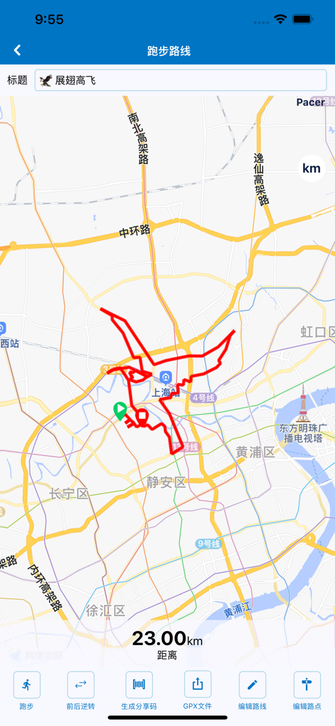Pacer - A 23km running route in the shape of an eagle on a city map within the Pacer app