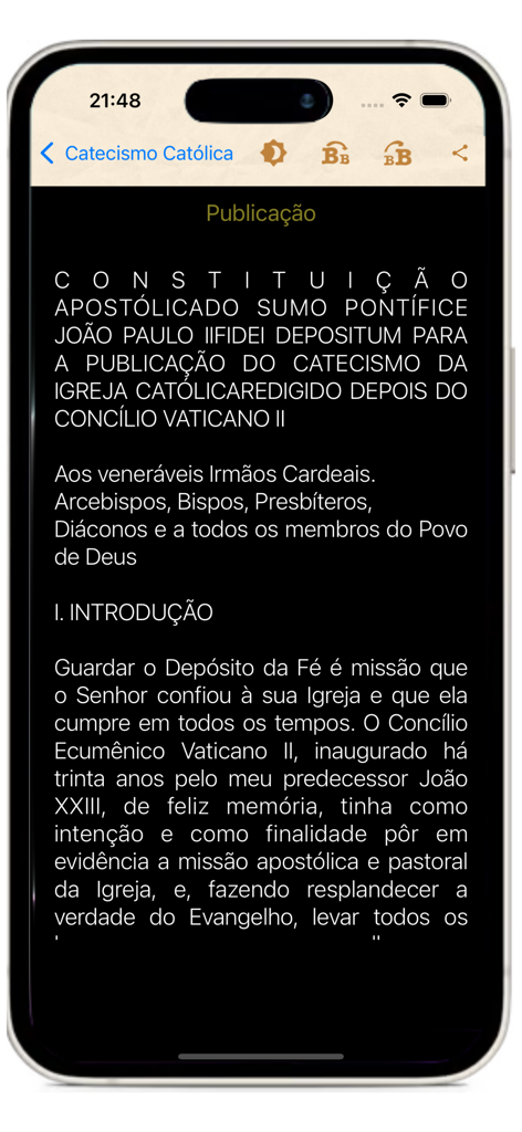 Catecismo da Igreja Católica - 다크 모드에서 YOUCAT 가톨릭 교리서 앱의 소개 섹션을 보여주는 모바일 화면.