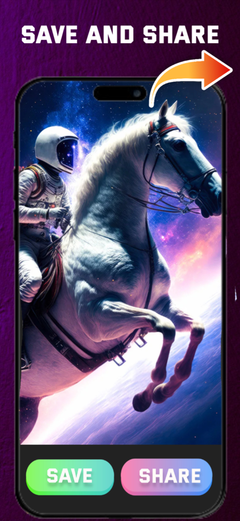 Text to Image AI Generator Art - AI art generator app interface featuring an astronaut riding a white horse in space with save and share buttons