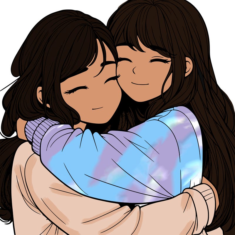 realistic two girls hugging