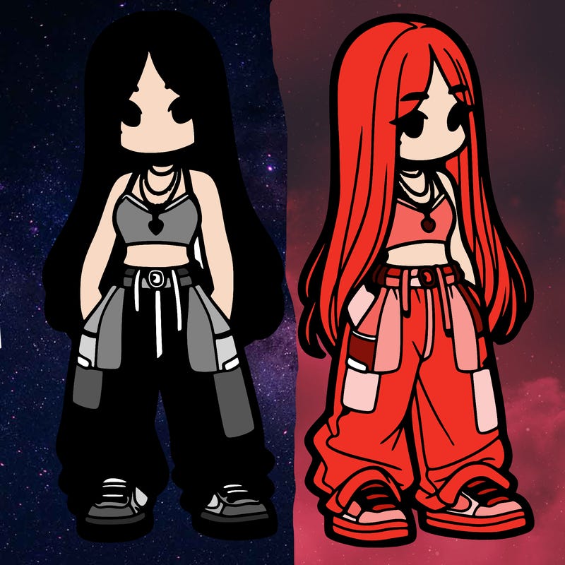 girl in baggy pants crop top and long hair