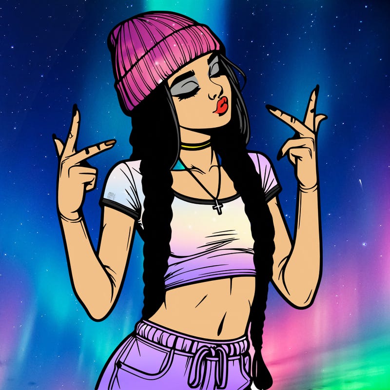 realistic teenage girl with braids and a beanie and crop top doing 🫶🏼