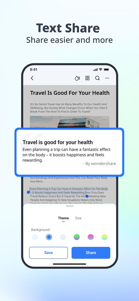 PDFelement mobile app interface demonstrating the text share feature where users can highlight document text and customize it with themes for easy sharing