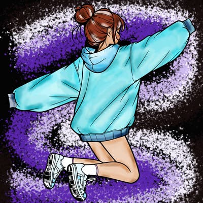 realistic girl jumping with a bun and oversized sweatshirt