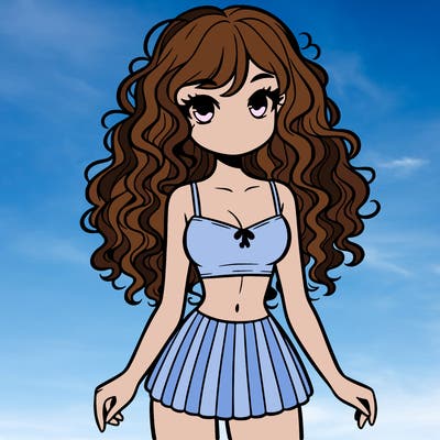 crop top girl with very short skirt and curly long hair