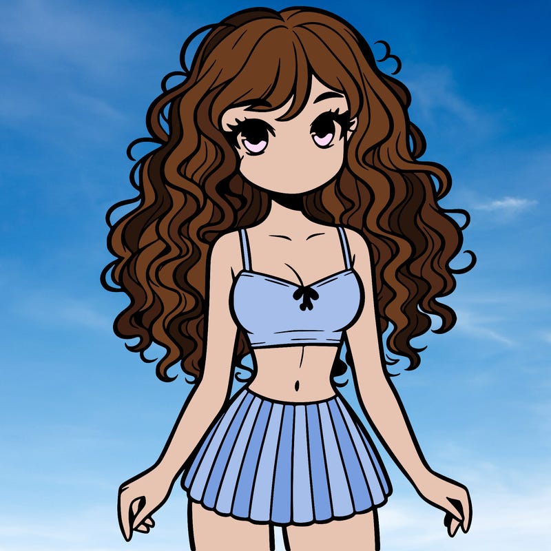 crop top girl with very short skirt and curly long hair