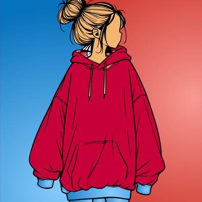 realistic girl with a oversized sweatshirt on and a bun