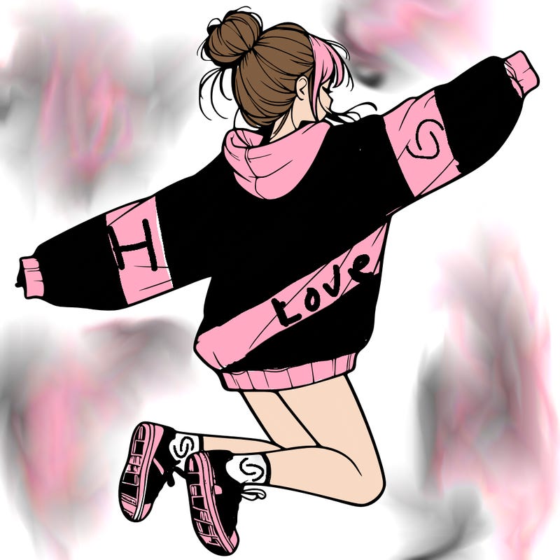 realistic girl jumping with a bun and oversized sweatshirt