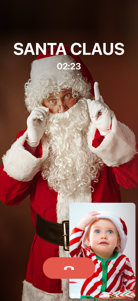 Fake Call - An interface of the Fake Call app showing a simulated video call from Santa Claus with a small inset of a child