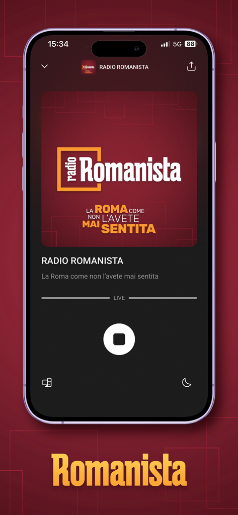 Interface of the App Romanista live radio player showing the Radio Romanista logo and streaming playback controls on a smartphone.