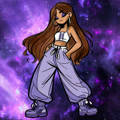 girl in baggy pants crop top and long hair