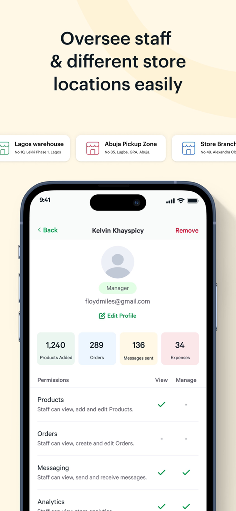 Bumpa - Manage Orders Easily - Bumpa-App-Bildschirm für die Verwaltung von Mitarbeiterberechtigungen und die Überwachung mehrerer Geschäftsstandorte