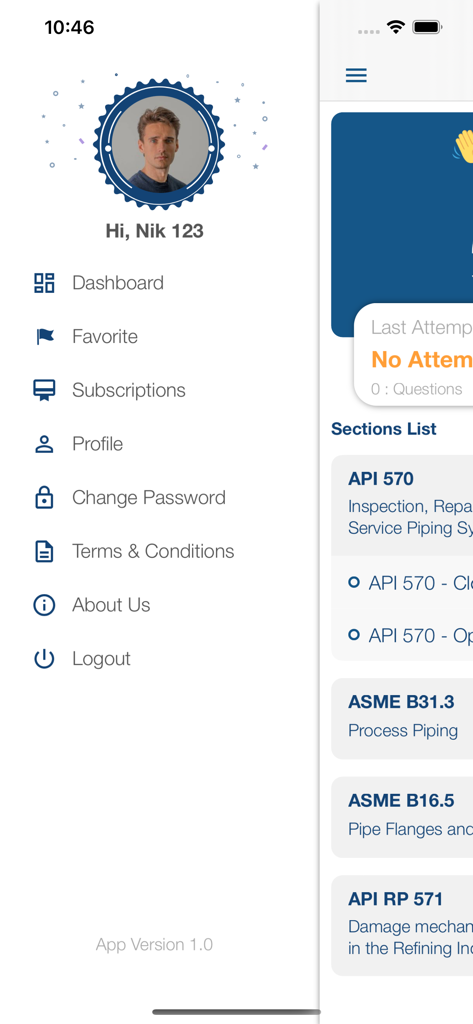 API 570 Helpmate - Mobile app interface showing the navigation sidebar menu and the list of technical study sections for piping inspection certification.