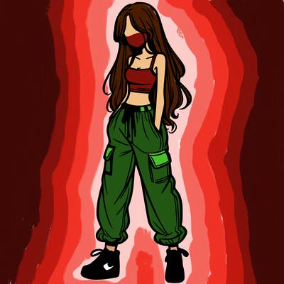 girl in baggy pants crop top and long hair