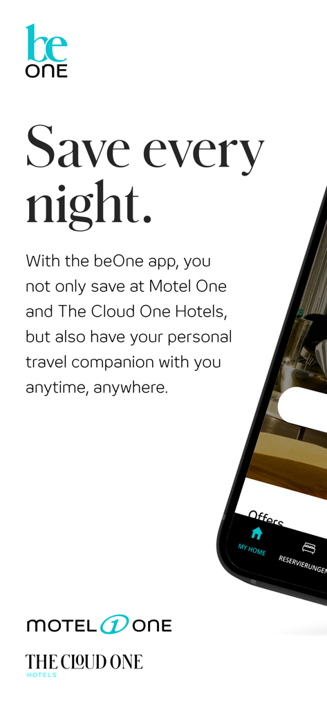 Motel One App Startbildschirm mit Hervorhebung von nächtlichen Ersparnissen und beOne-Mitgliedschaftsvorteilen