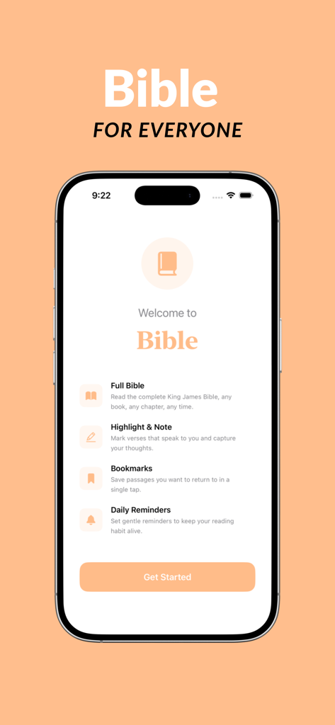 Bible App For Everyone - Welcome screen of the Bible App For Everyone featuring an overview of tools and a get started button