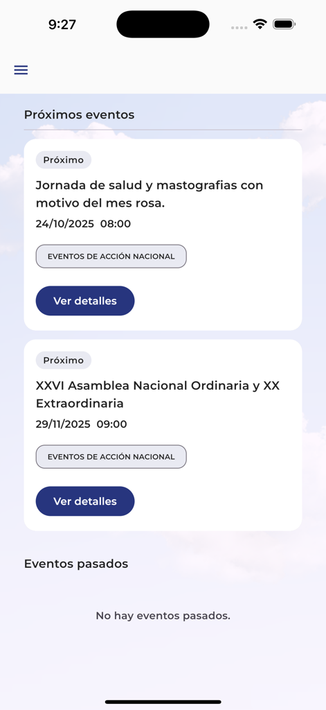 Bildschirm der mobilen App, der eine Liste bevorstehender Veranstaltungen für die Partido Acción Nacional anzeigt, einschließlich eines Gesundheitstages und einer nationalen Versammlung