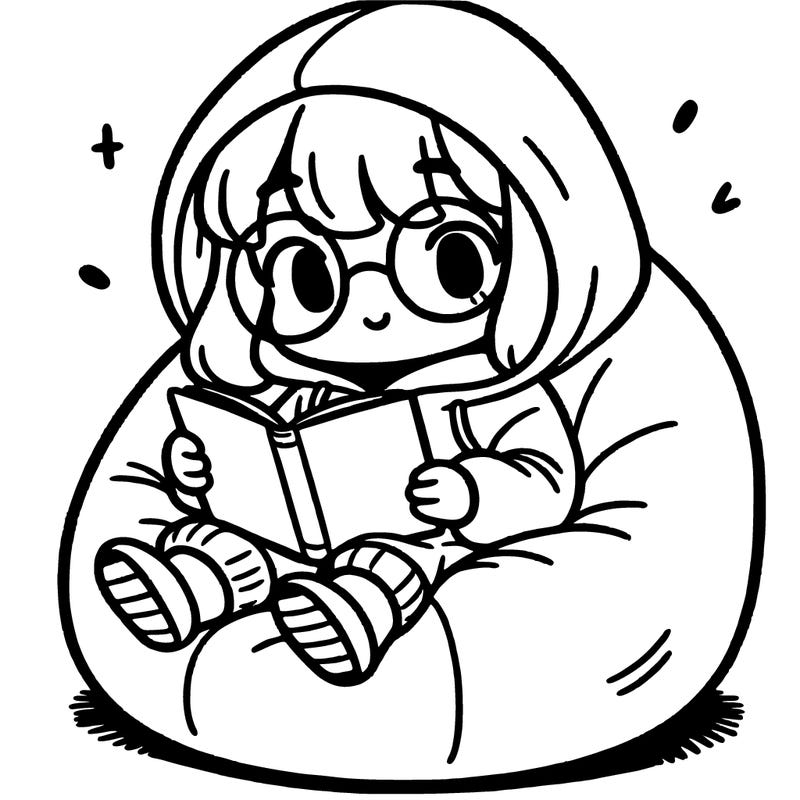girl in baggy hoodie with glasses reading a book in a bean bag