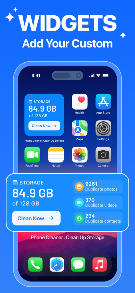 Pantalla de inicio de iPhone con widgets de almacenamiento personalizados que muestran el recuento de fotos y videos duplicados.