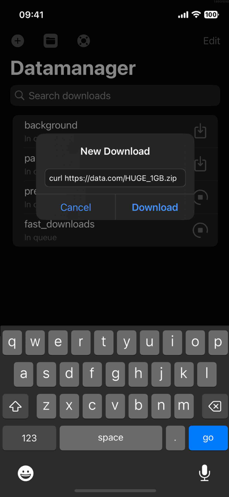 dManager app interface showing a popup for a new download using a curl command input