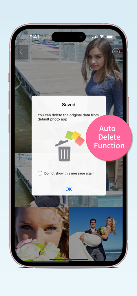 Secret Key Lock Album - Secret Key Lock Album app interface showing the auto delete function popup to remove original photos from the device library