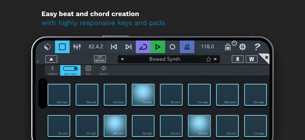 Interfaccia DAW mobile Cubasis 3 che mostra pad di accordi reattivi per la produzione musicale su uno smartphone