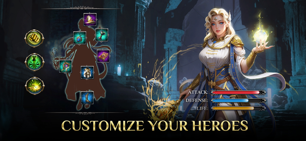 War and Magic: Kingdom Reborn - Hero customization screen in War and Magic Kingdom Reborn showing gear slots and character stats