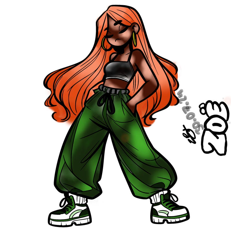 girl in baggy pants crop top and long hair