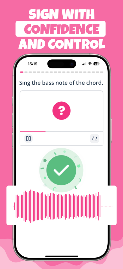 A vocal training screen in the Trill app showing a pitch matching exercise with visual feedback.