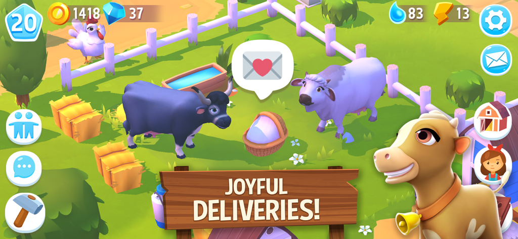 FarmVille 3 – Farm Animals - Ein Screenshot von FarmVille 3 mit Wasserbüffeln, einer Kuh und dem Text Freudenvolle Lieferungen.