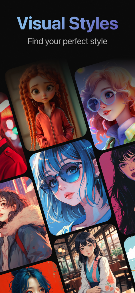 Synthesia.AI Video Generator - Synthesia.AIアプリのインターフェース。アニメやサイバーパンクなどの多様なAI生成ビジュアルスタイルとキャラクターポートレートのグリッドを表示。