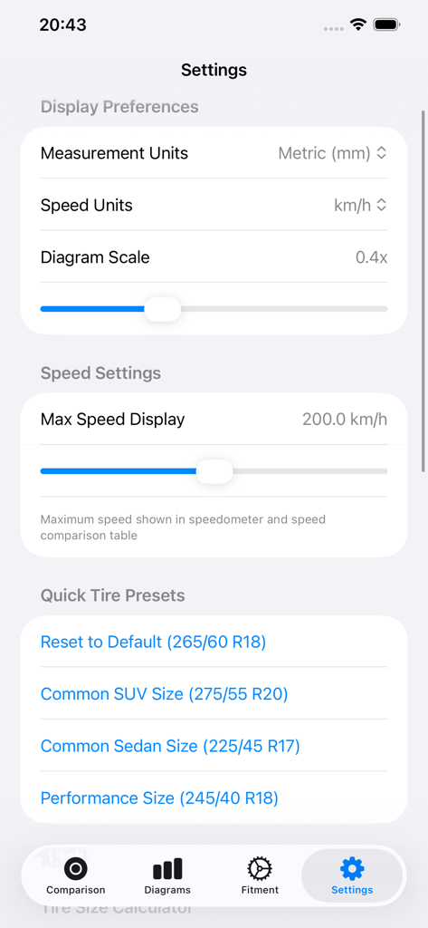 ホイール＆タイヤのマッチングアプリの設定画面。表示設定とクイックタイヤプリセットを表示。
