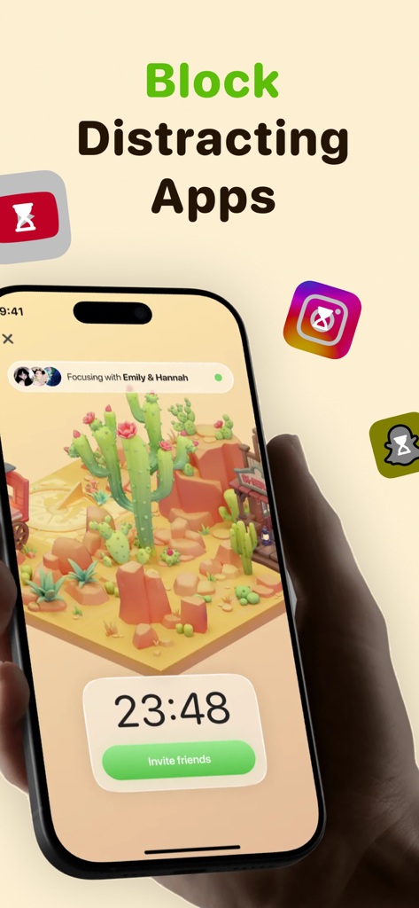 Focus Tree: Timer & Flashcards - A smartphone showing the Focus Tree app with a 3D desert garden timer and a notification that social media apps are being blocked during a focus session with friends.