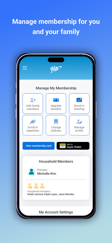 Auto Club App - Eine mobile Benutzeroberfläche der Auto Club App, die Optionen zur Mitgliederverwaltung und eine Liste der Haushaltsmitglieder zeigt.