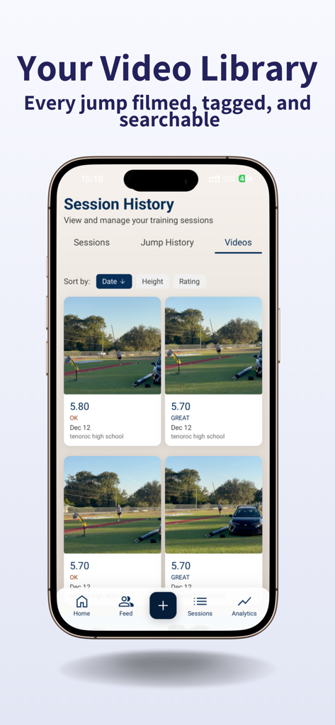 Vault: Pole Vault Tracker - A screenshot of the Vault app showing an organized video library of pole vault jumps with tags for height and performance rating