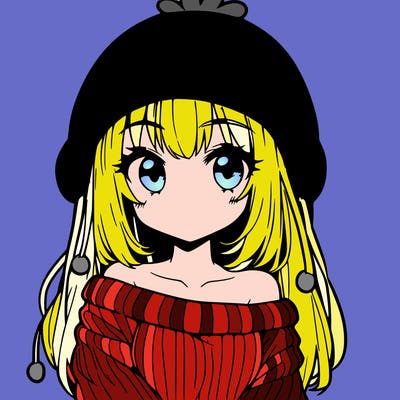 anime girl with chick shaped hat with sweater with bare shoulders with bangs covering them one eye with low tail