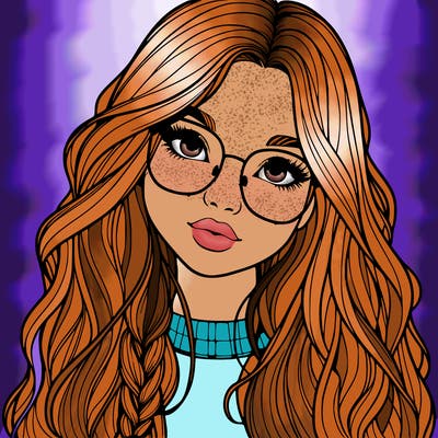 girl with long hair and freckles and glasses realistic
