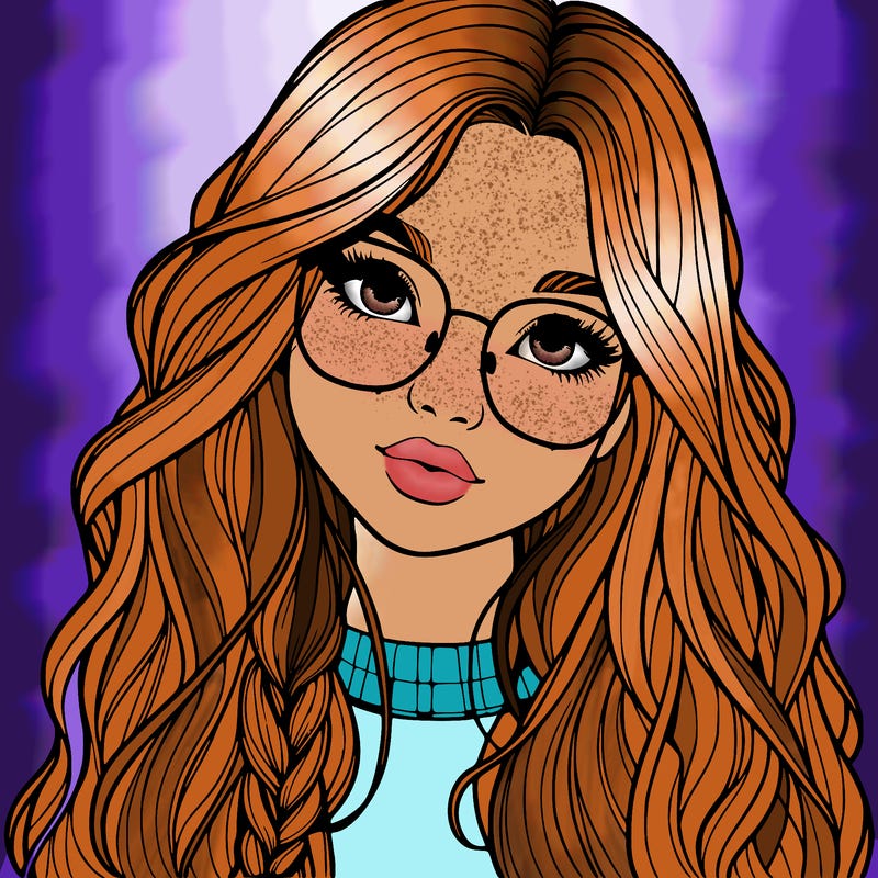 girl with long hair and freckles and glasses realistic