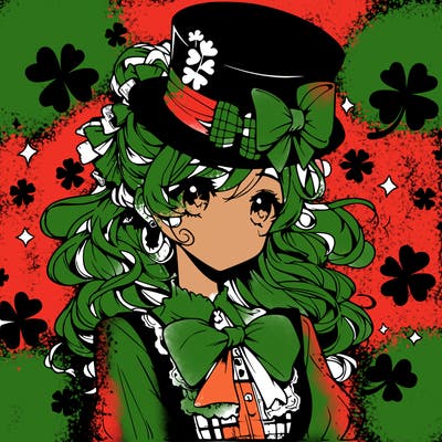 a manga-style girl with clovers around her, a little hat in her hair, like it's saint patrick's day