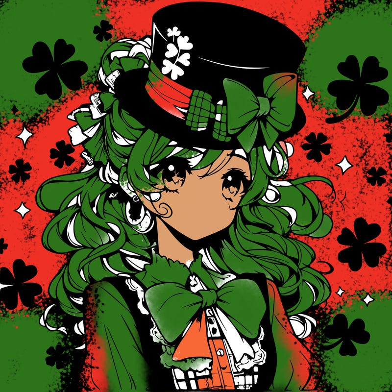 a manga-style girl with clovers around her, a little hat in her hair, like it's saint patrick's day