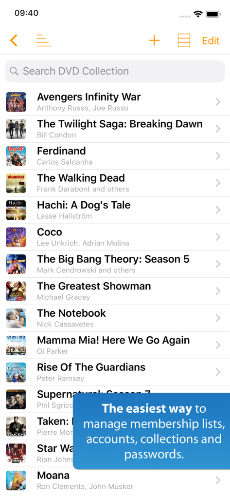 iDatabase - Searchable list of movies in the iDatabase app showing a digital DVD collection inventory